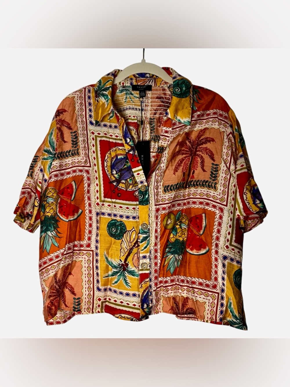 Haver London Women’s Vibrant Multicolor Tropical Hawaiian Top XL NWT